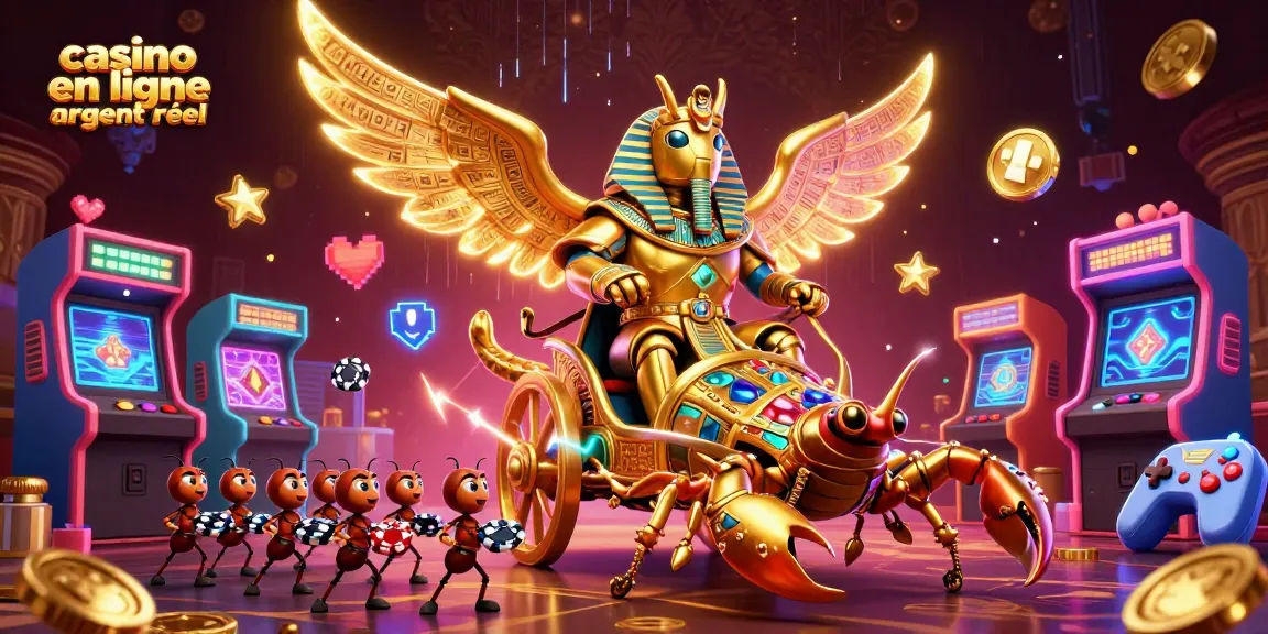Illustration dynamique du jeu casino en ligne argent réel avec un scarabée doré et des scorpions, fusion de jeux d'arcade et d'éléments de casino.