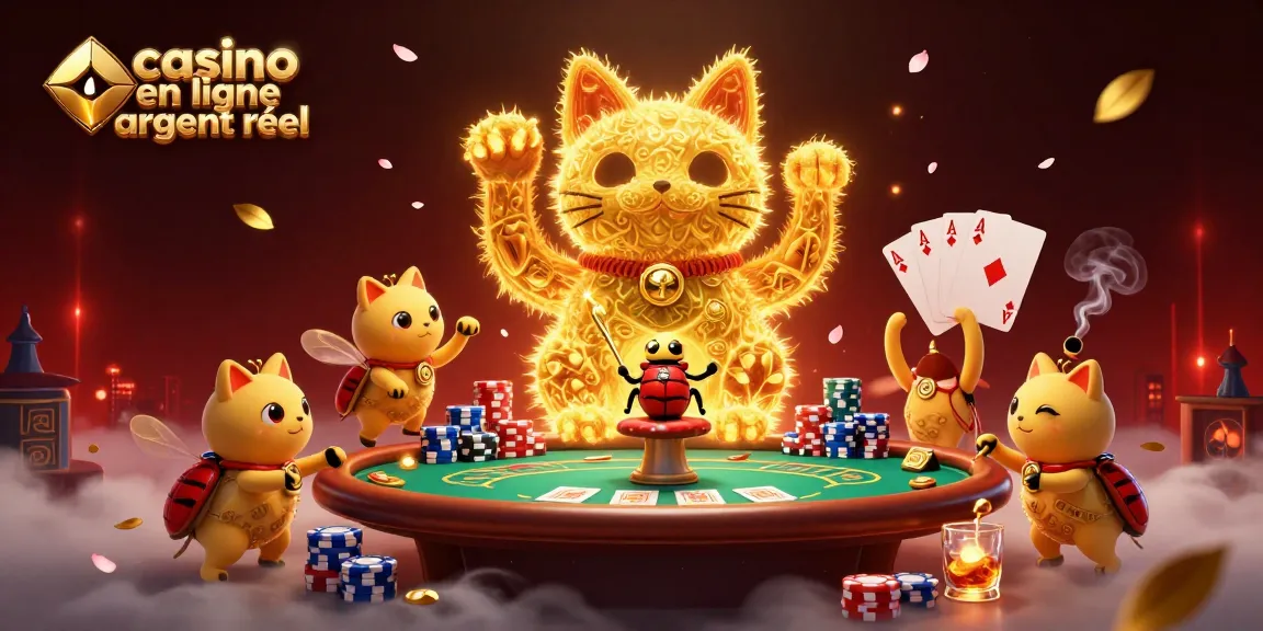 Jouer dans un casino en ligne argent réel avec un chat porte-bonheur animé entouré de jetons et de cartes.