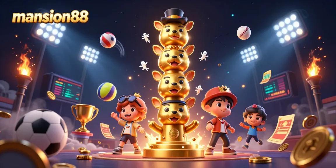 Experience excitement with mansion88 as vibrant 3D casino elements and sports balls collide in a magical scene.