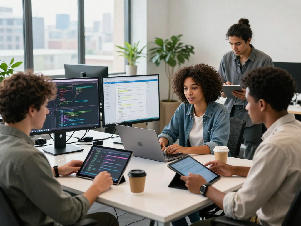 Team collaborating on crushon software development project in modern workspace.