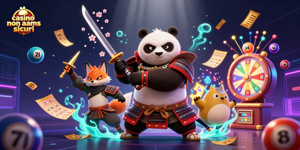 Gioca ai casino non AAMS sicuri con un panda samurai e un ninja fox in un'illustrazione 3D ricca di colori.