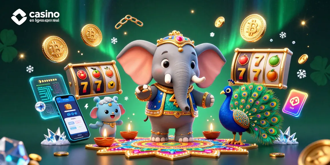 Gagnez au casino en ligne argent réel avec un éléphant et un paon, entourés de jetons et de lumières magiques.