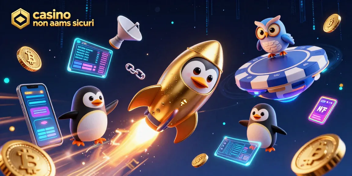 Vinci con casino non AAMS sicuri mentre il pinguino d'oro esplode nello spazio con monete d'oro.