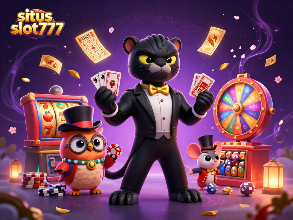 Experience the excitement of situs slot777 with vibrant slot reels and charming casino characters.