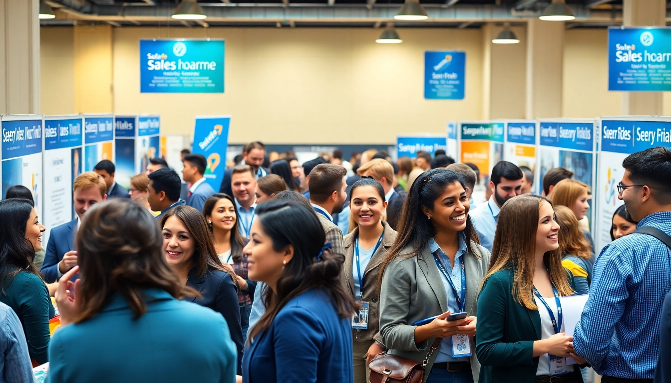 Job seekers networking at a job fair while searching for sales jobs near me.