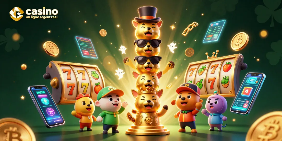 Jouer à des jeux de casino en ligne argent réel avec une illustration 3D dynamique, accompagnée de symboles de jackpot.