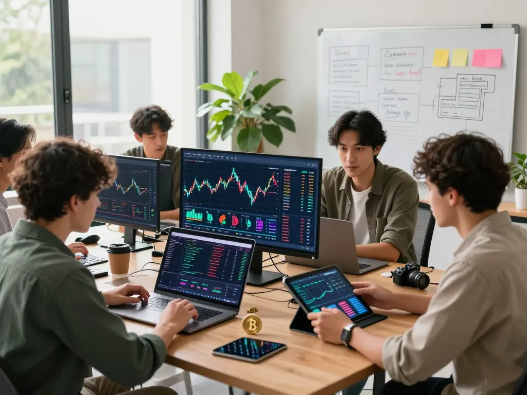 Young professionals analyzing data in a modern workspace for a crypto earning platform, showcasing strategic discussions and digital tools.