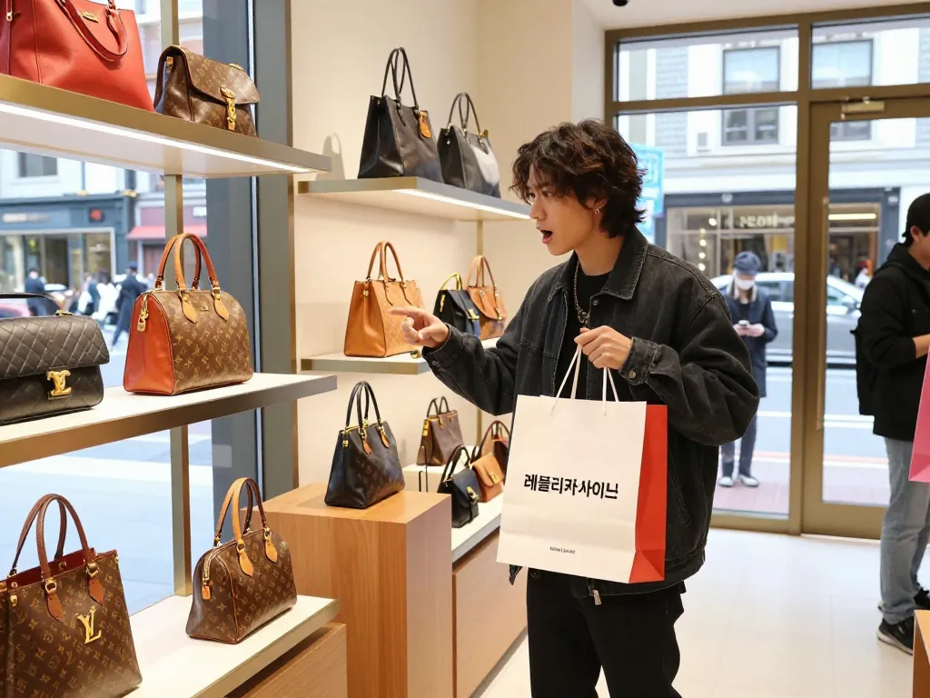 Shopping at a high-quality 레플리카 사이트 boutique, showcasing trendy luxury items.