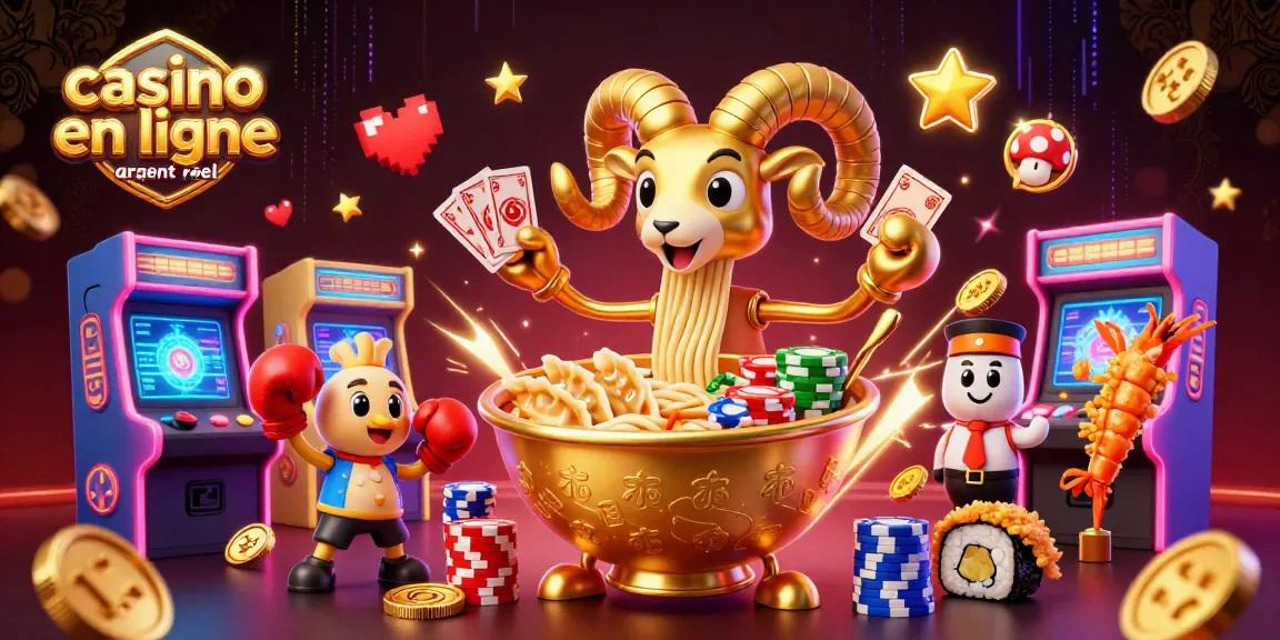 Jouer au casino en ligne argent réel avec un bol de ramen géant et des personnages ludiques entourés de machines à jeux colorées.