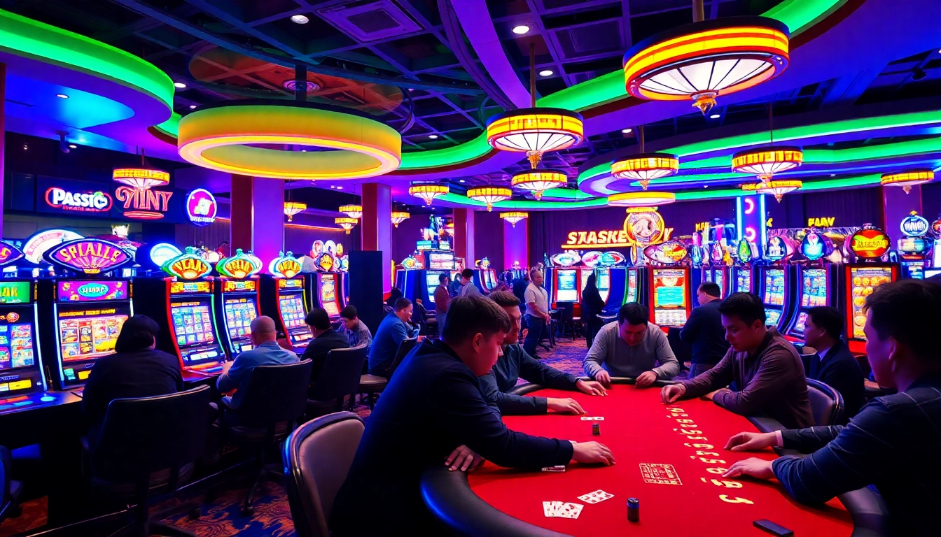 MABAR88 Deposit di kasino yang ramai dengan pemain, mesin slot, dan meja poker.