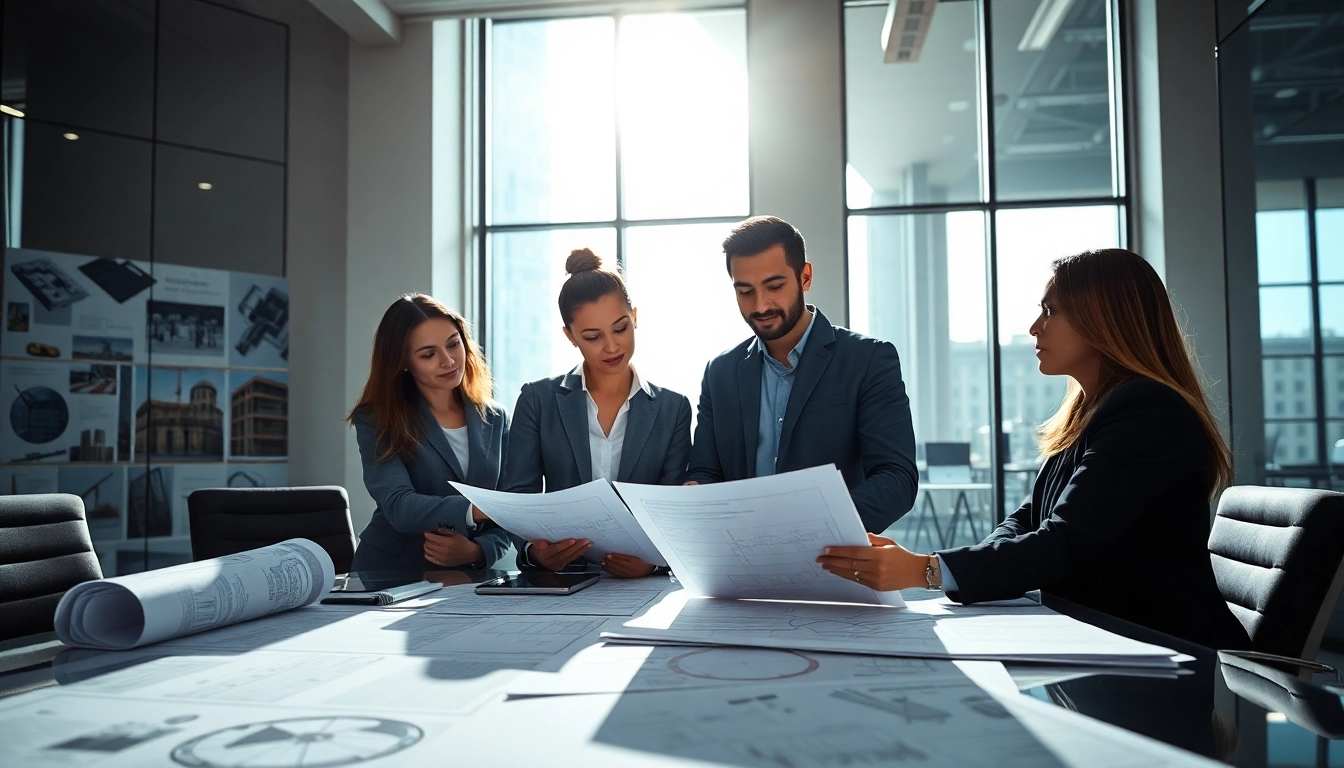 Group discussing construction labor compliance documents in a modern office.
