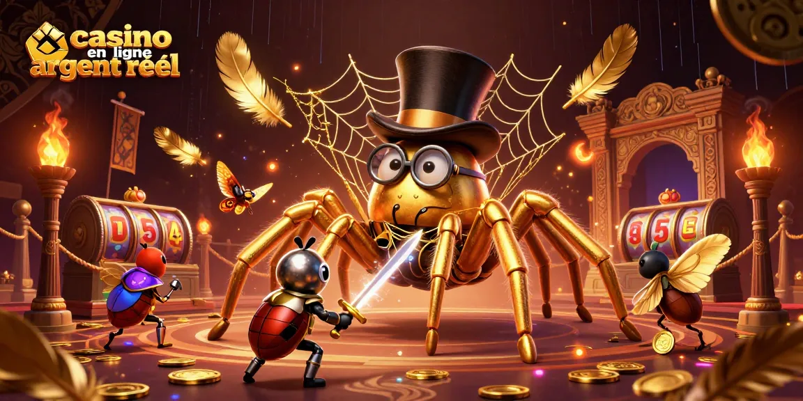 Accédez à la scène épique de casino en ligne argent réel avec une tarentule dorée et des éléments de jeu captivants.