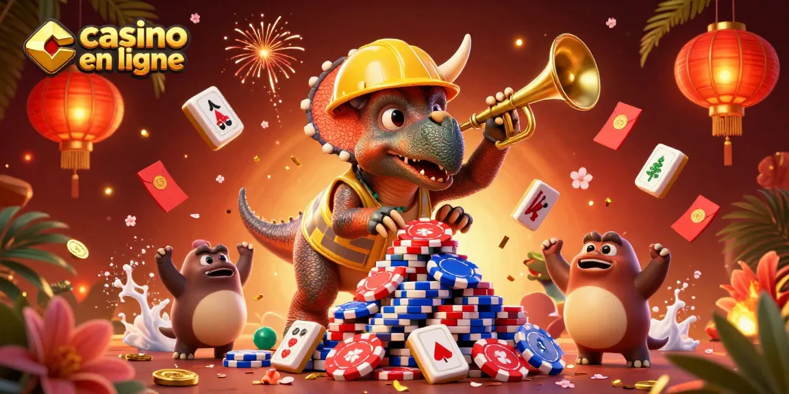 Illustration dynamique de casino en ligne avec des personnages amusants et des éléments festifs