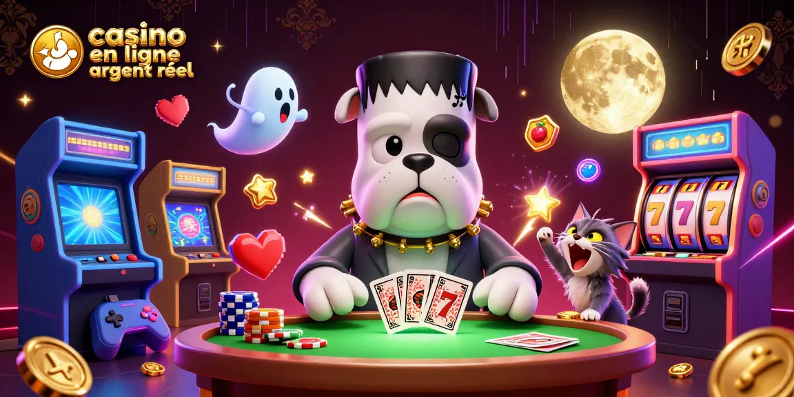 Jouer au casino en ligne argent réel avec un bulldog Frankenstein et un chaton loup dans un décor effrayant.