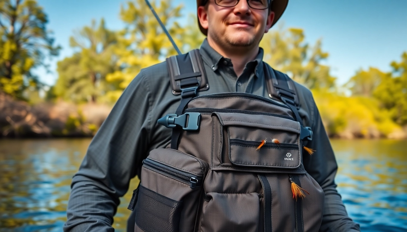 Fly fishing chest pack worn by an angler wading in a serene river scene.