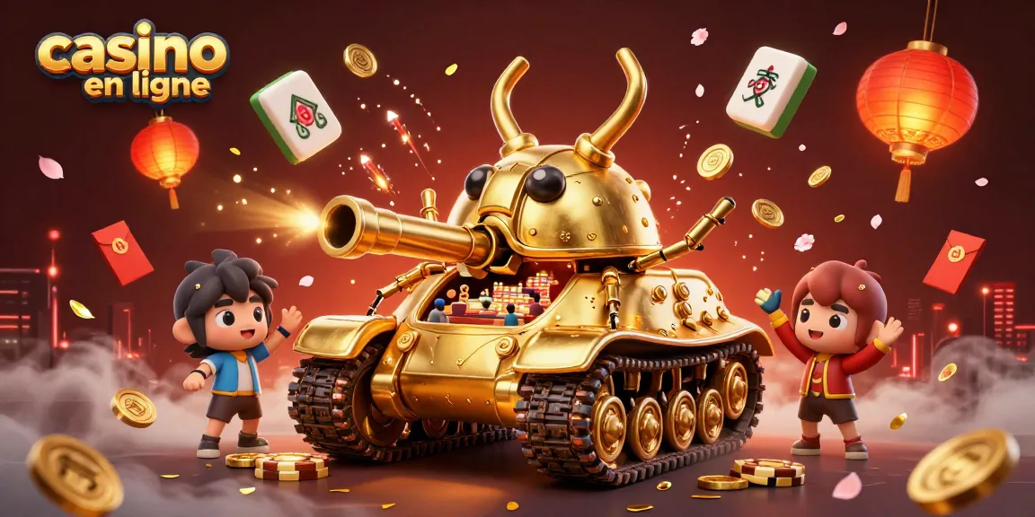 Découvrez le casino en ligne avec un tank doré abritant un mini casino, décoré de lumières et de confettis.