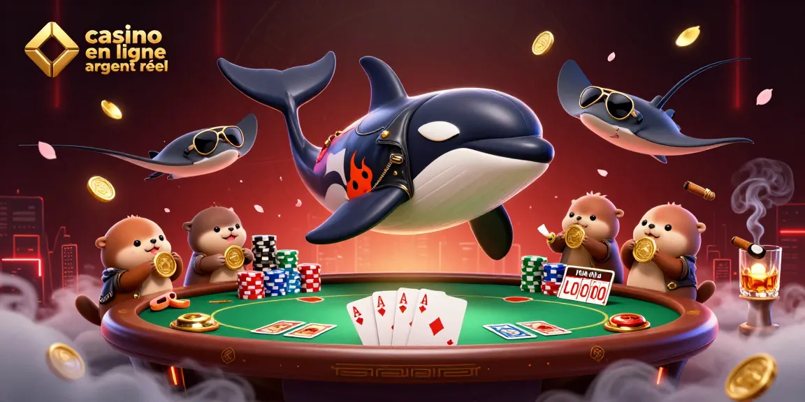 Jouez à des jeux avec "casino en ligne argent réel" tout en profitant d'une illustration dynamique d'animaux marins.