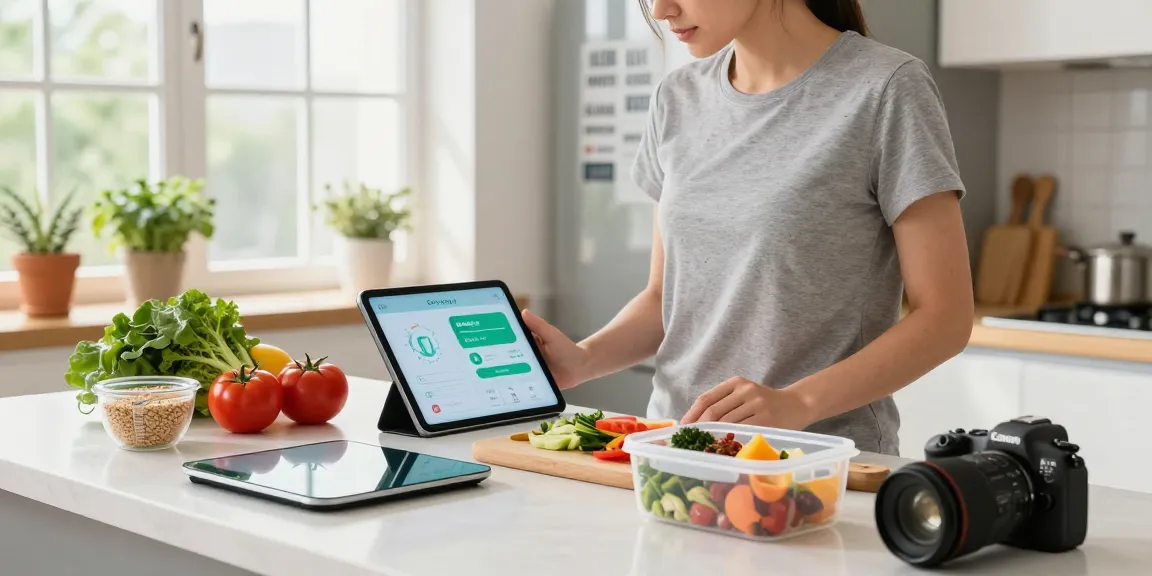 Enthusiast tracking meals with best calorie tracking apps in a sunny kitchen.