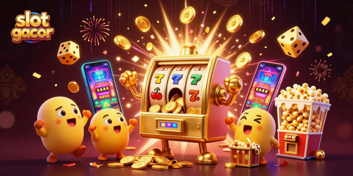 Experience the thrill of slot gacor with a lively jackpot scene featuring cheerful slot machines and dynamic game elements.