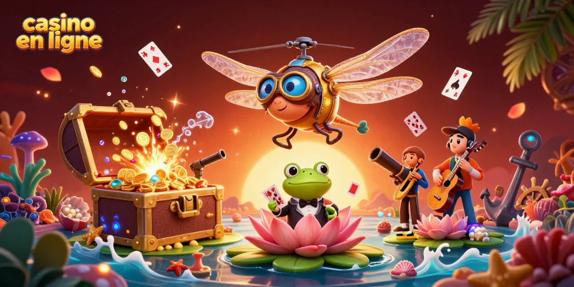 Découvrez l'univers du casino en ligne avec une illustration dynamique de jeux d'argent et des personnages amusants.
