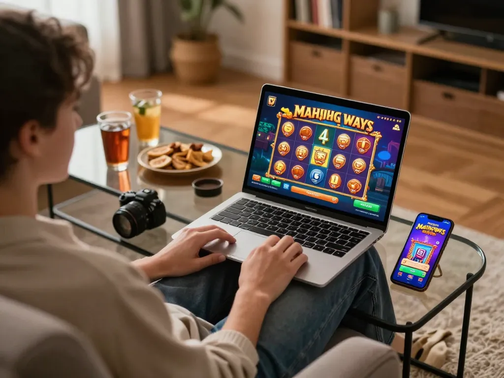 Engaging in Mahjong Ways gameplay on a laptop in a cozy home setting with snacks.