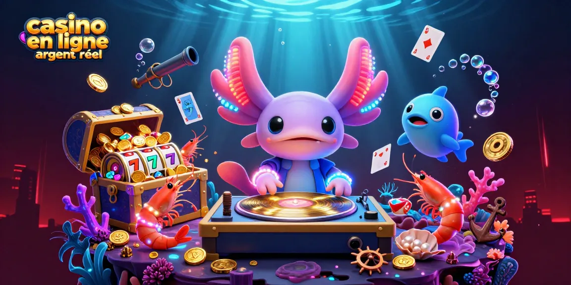 Illustration dynamique de casino en ligne argent réel avec un DJ axolotl 3D et des éléments de jeux sous-marins.