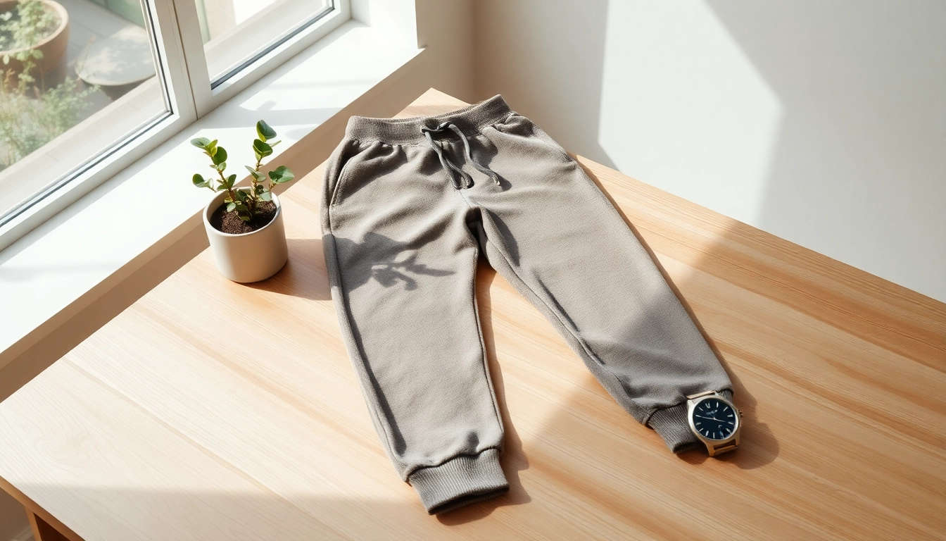 Showcasing stylish french terry sweatpants against a modern backdrop with cozy decor.