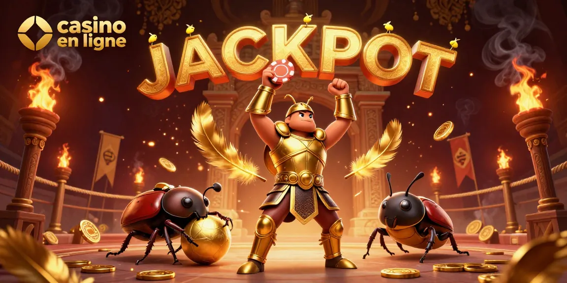 Jouez au casino en ligne avec cette superbe illustration 3D représentant un scarabée victorieux avec des jetons de poker.