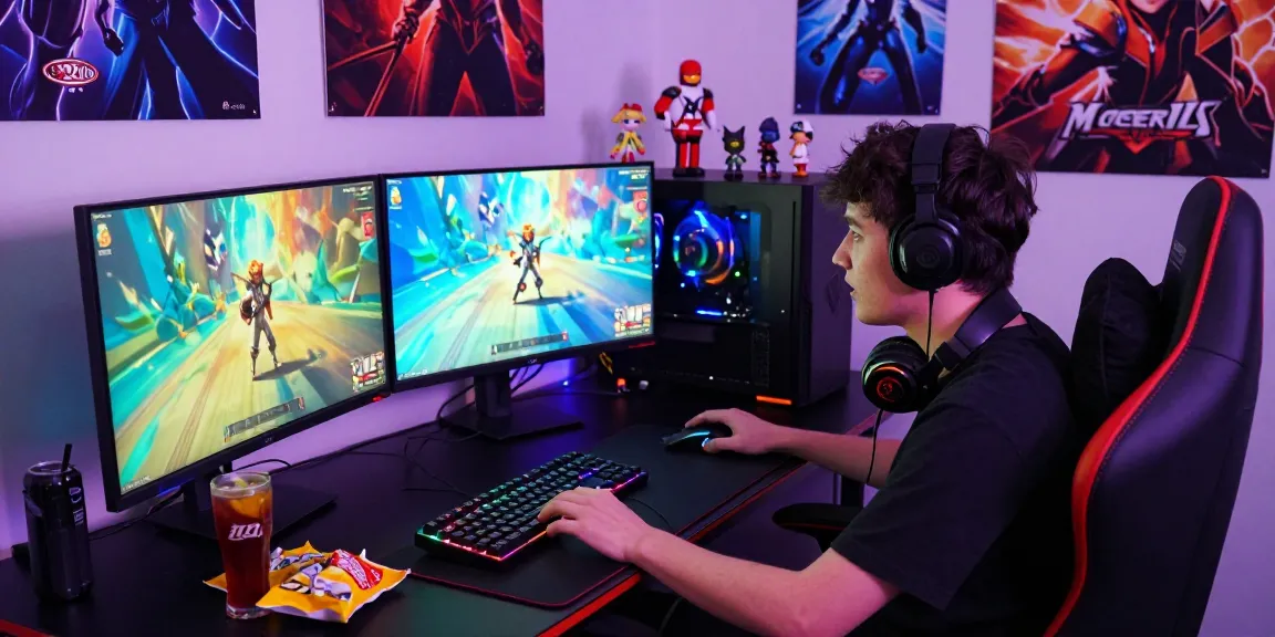 Engaging rokok88 login gaming scene with dual monitors and RGB peripherals.