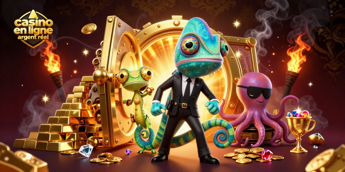 Illustration de casino en ligne argent réel avec des personnages animés dans une scène dynamique.