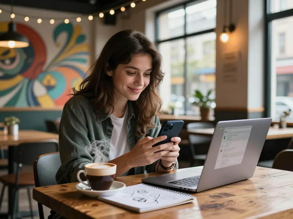 Engaging in an AI girlfriend chat at a cozy café, showcasing a smartphone, laptop, and character sketches.