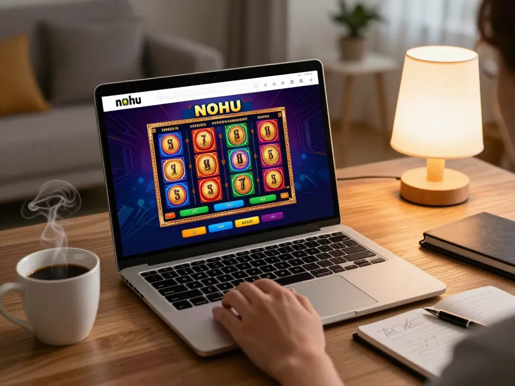 Nohu online casino showing vibrant slot games on laptop, warm home ambiance for engaged gameplay.