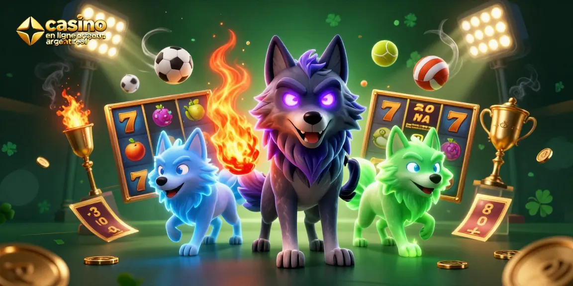 Visuel captivant représentant le casino en ligne argent réel avec des loups fantômes, des éléments de jeu captivants et des effets lumineux.