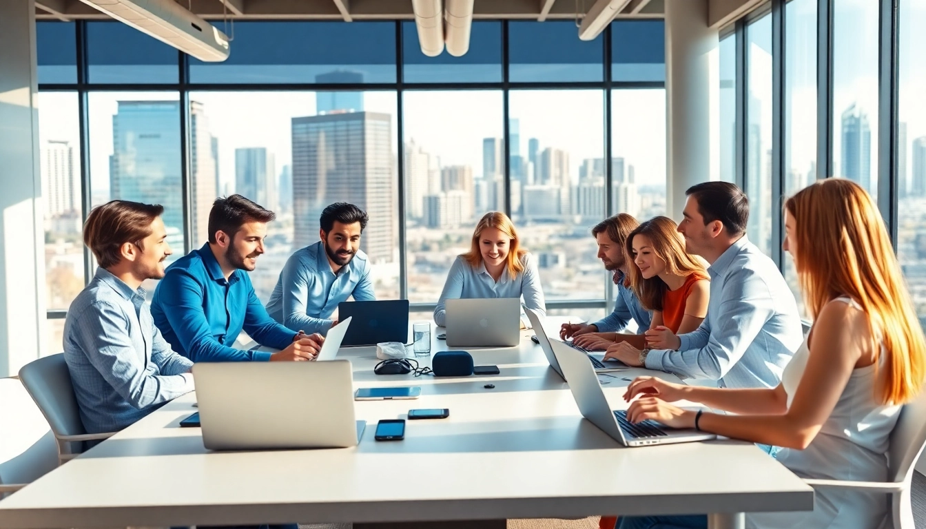 Engaging online marketing edmonton team collaborating in a modern office setting.