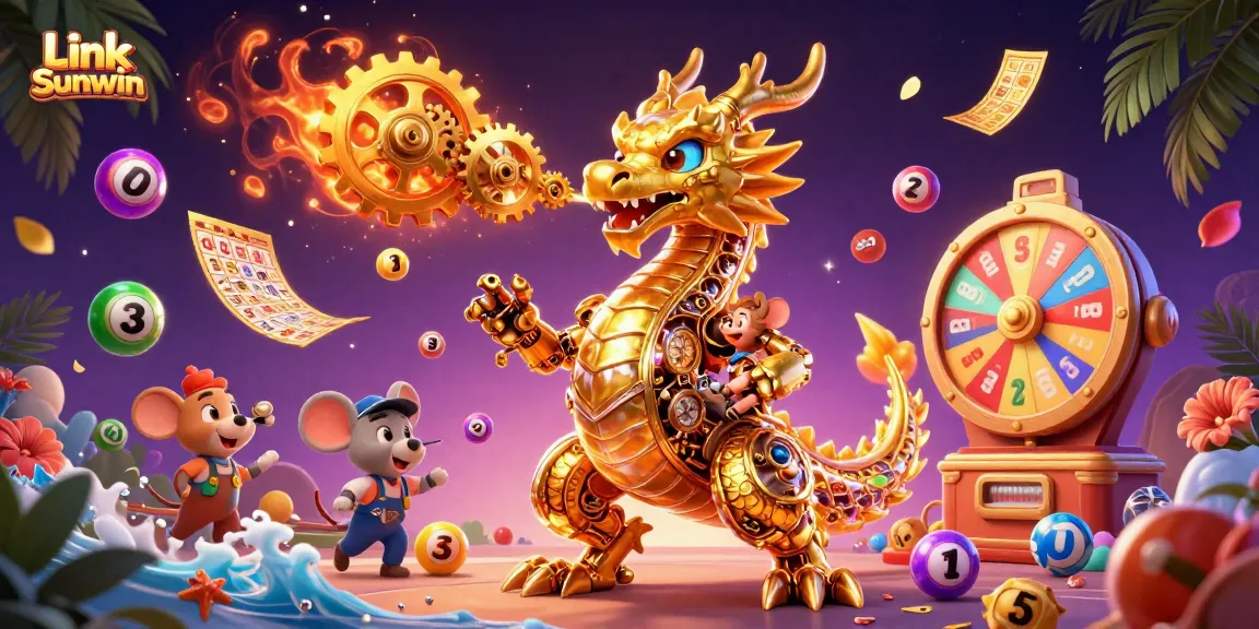Win big with Link Sunwin as a golden dragon unleashes lottery excitement amidst vibrant game elements.