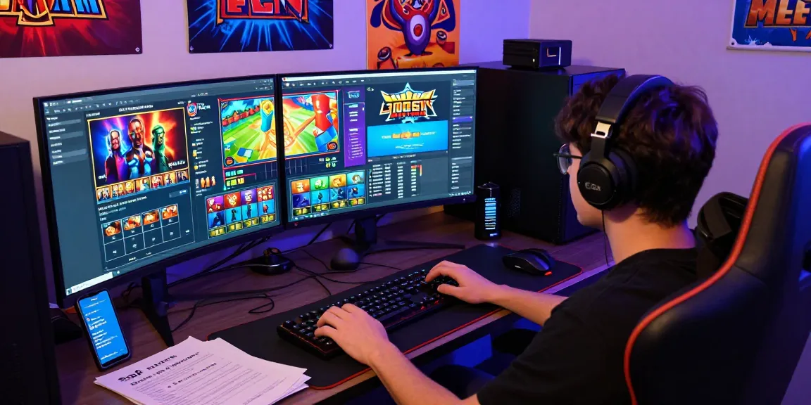 Pengaturan gaming modern dengan permainan apk slot di layar komputer, aksesori bermain, dan suasana dinamis.