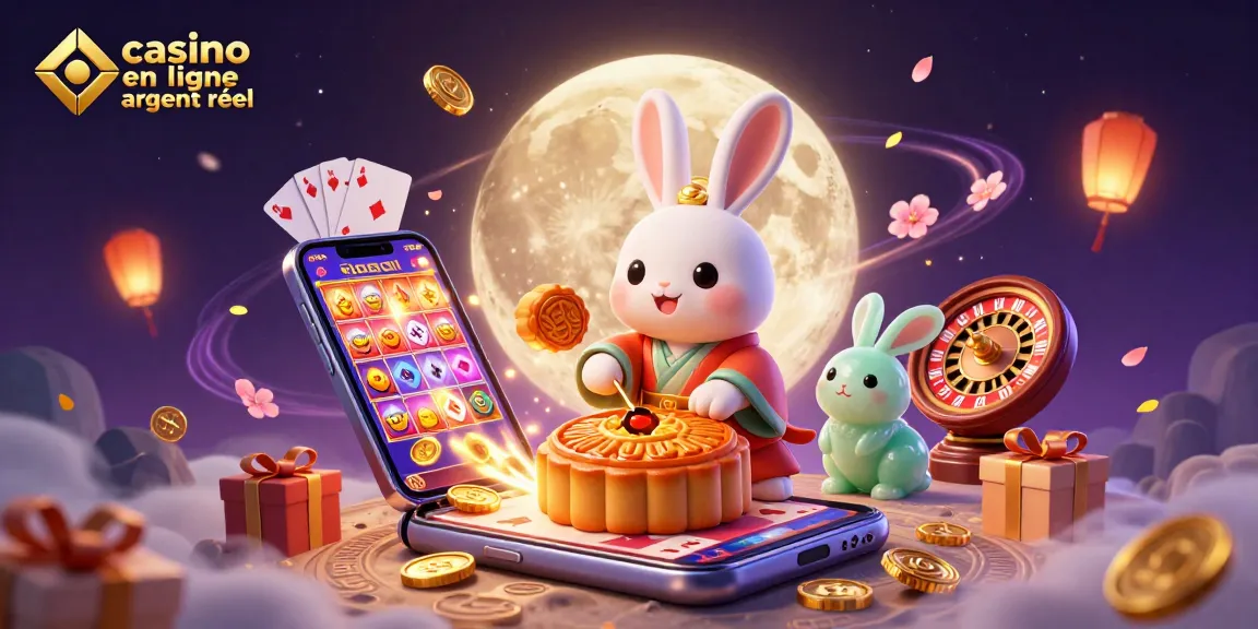 Illustrez l'univers du casino en ligne argent réel avec un lapin de lune et des éléments de jeu captivants.