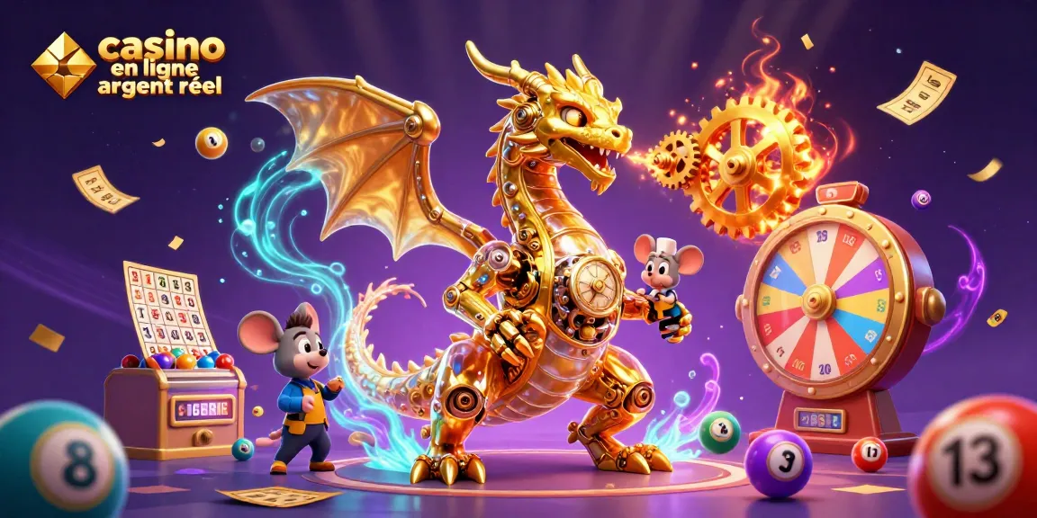 Expérimentez le jeu avec le dragon doré dans le casino en ligne argent réel, entouré de ballons de loterie colorés.