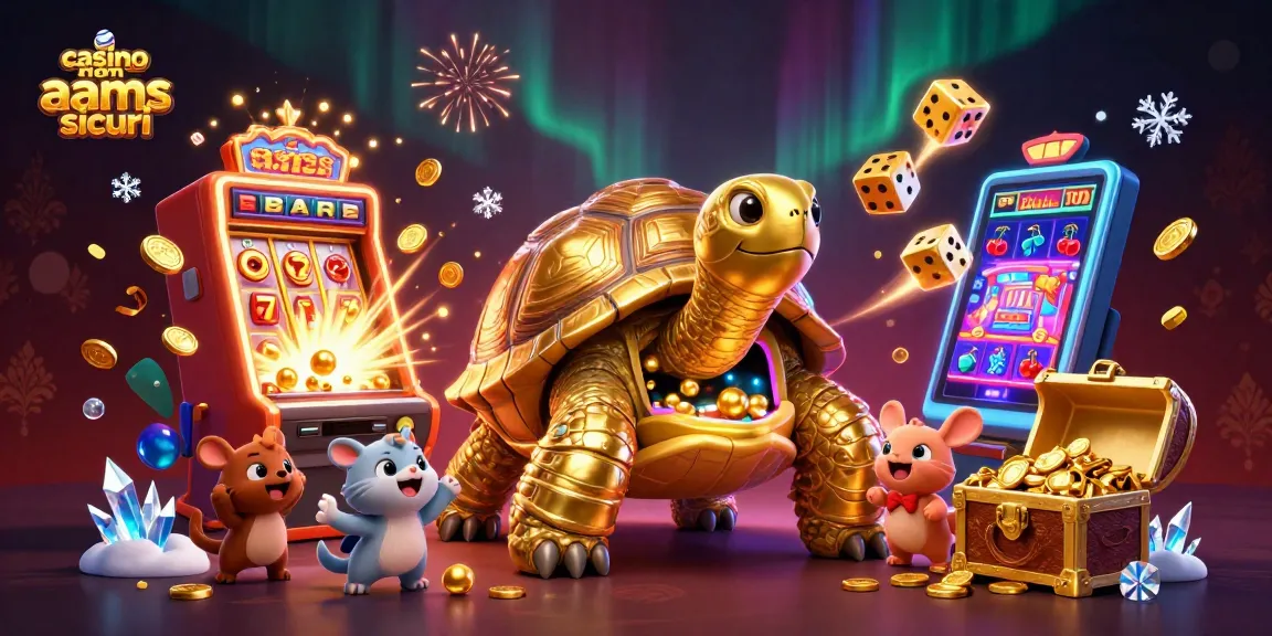 Scopri i casino non AAMS sicuri con un'illustrazione vivace di una tartaruga dorata che funge da flipper, circondata da slot machine e simboli.
