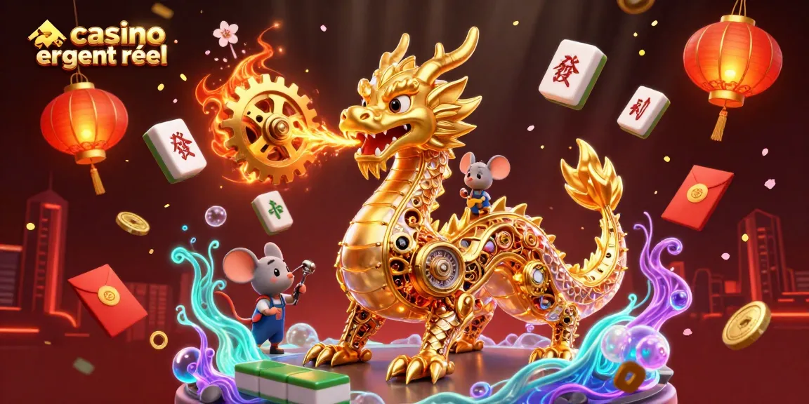Jouez au casino en ligne argent réel avec une ambiance dynamique et festive, illustrée par un dragon doré et des éléments de jeu variés.