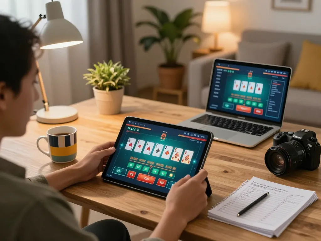 Engaged user playing blackjack on nk88e tablet, displaying cards and strategy notes, cozy home environment.