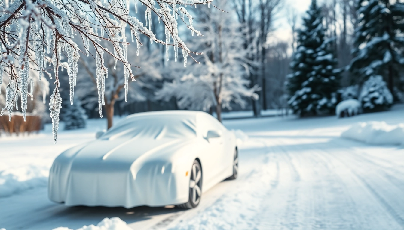 Enhance winter car protection Chattanooga with a detailed protection layer on a parked car in a snowy landscape.