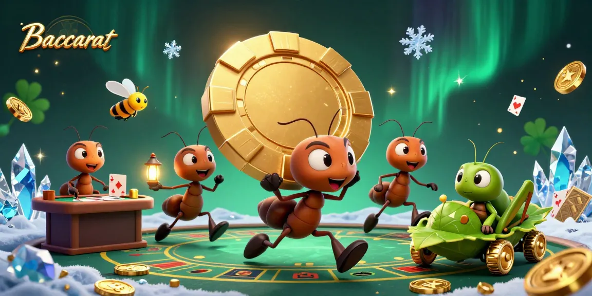 Baccarat illustrated with ants, poker chip, and a gambling-themed vibrant scene.