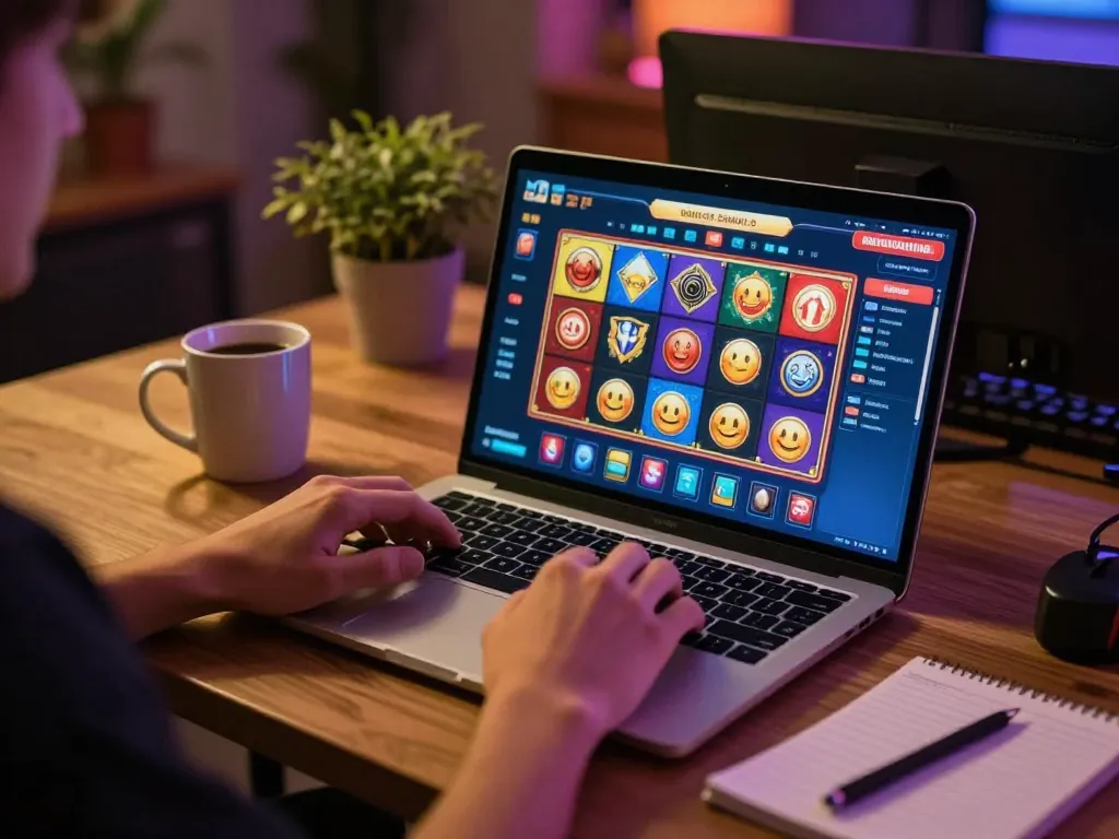 Engaged player enjoying casino non aams europei games on a laptop in a cozy home environment