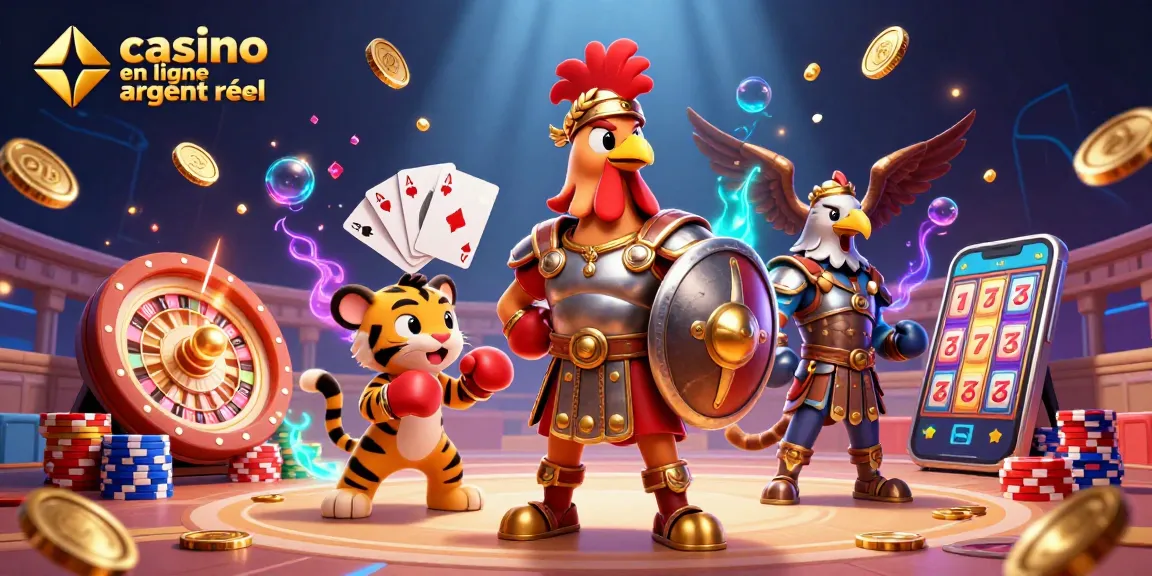 Illustration d'un coq gladiateur et un tigre dans un casino en ligne argent réel, entourés de jetons et pièces.