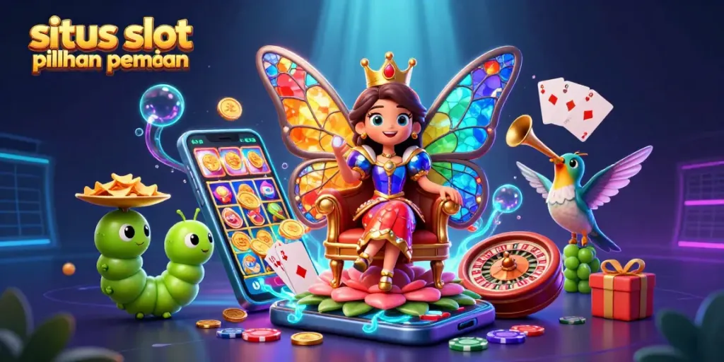 Situs slot pilihan pemain mempersembahkan ilustrasi penuh warna dengan ratu kupu-kupu, simbol judi, dan efek artistik yang menawan.