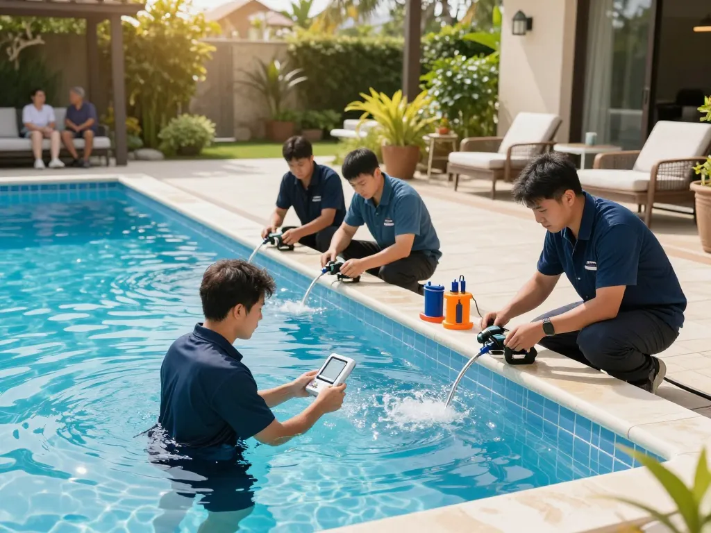 Dolphin Pool Services team conducting maintenance on a residential pool, ensuring quality and care for customers.