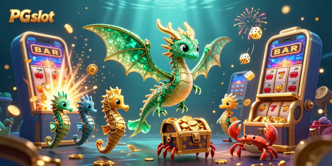 Experience the excitement of PG slot with a vibrant sea dragon, slot machines, and golden treasures!