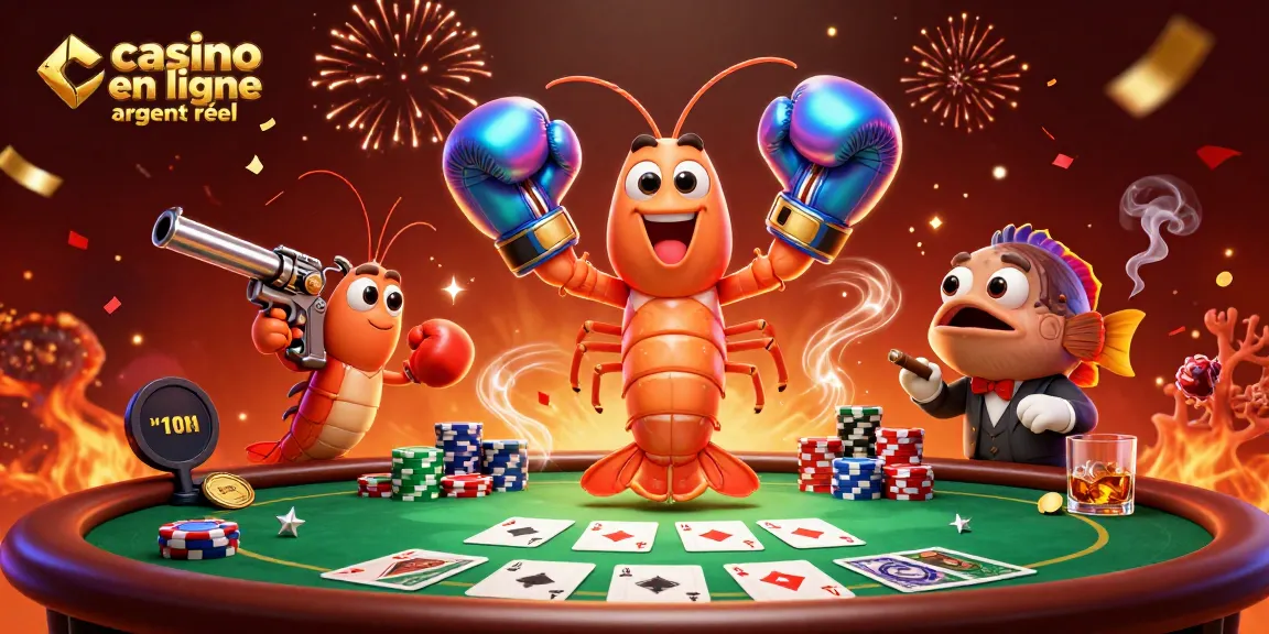 Illustration dynamique de casino en ligne argent réel avec des crevettes et un poisson en jeu.