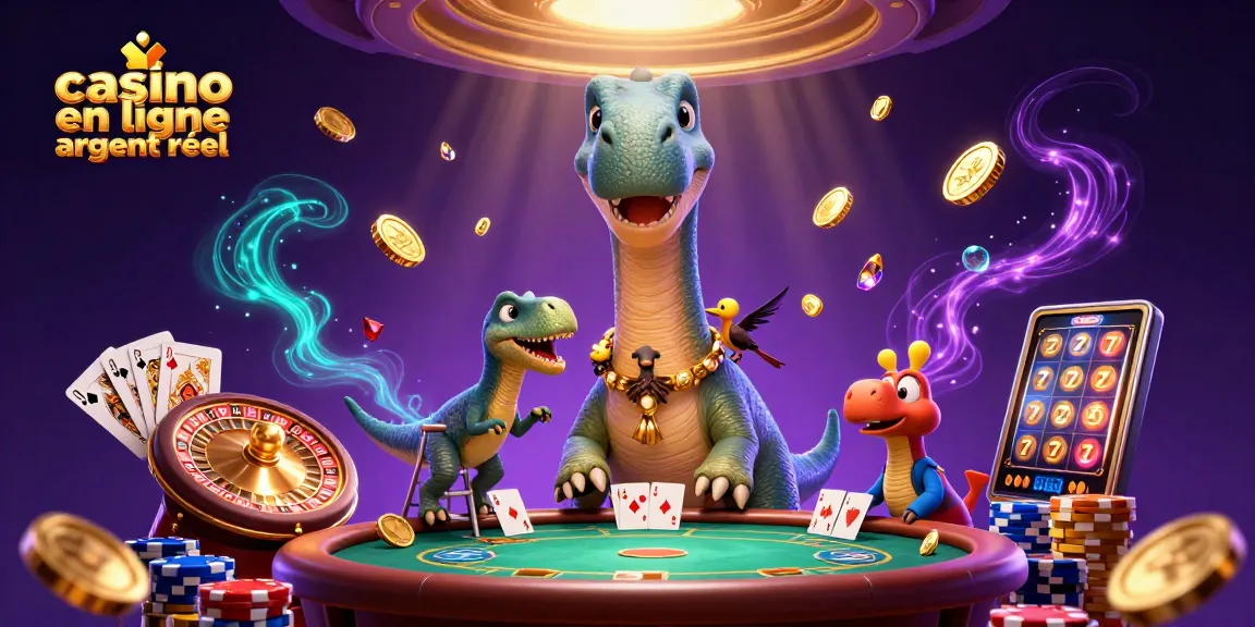 Le brontosaurus observe une partie au casino en ligne argent réel avec des jetons colorés et des cartes.